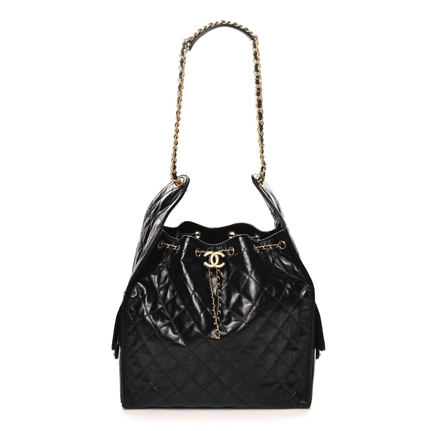 Shiny Crumpled Calfskin Quilted Medium Chanel 25 Handbag Black
