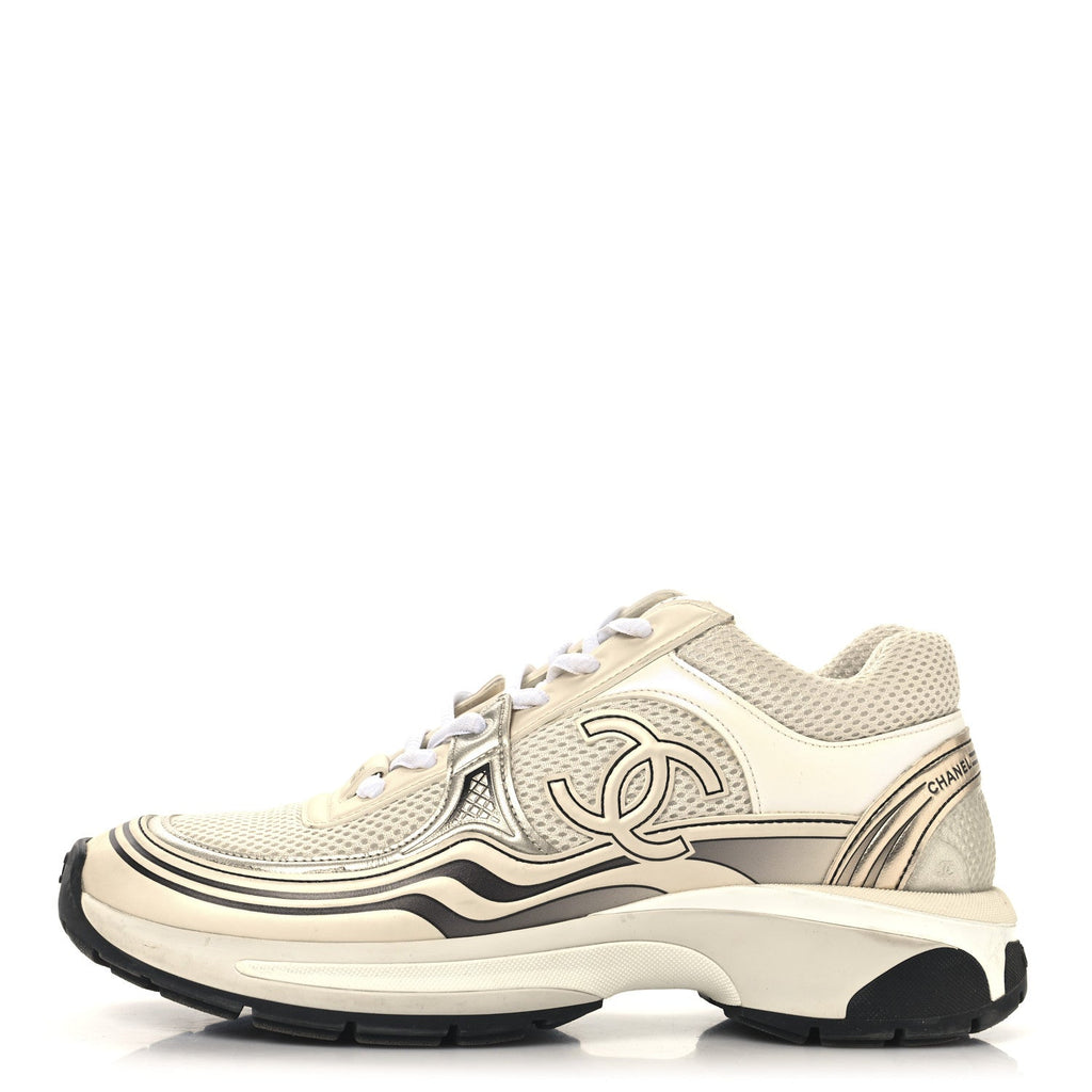 Fabric Laminated Calfskin Stretch CC Womens Sneakers 38 White Gold Silver
