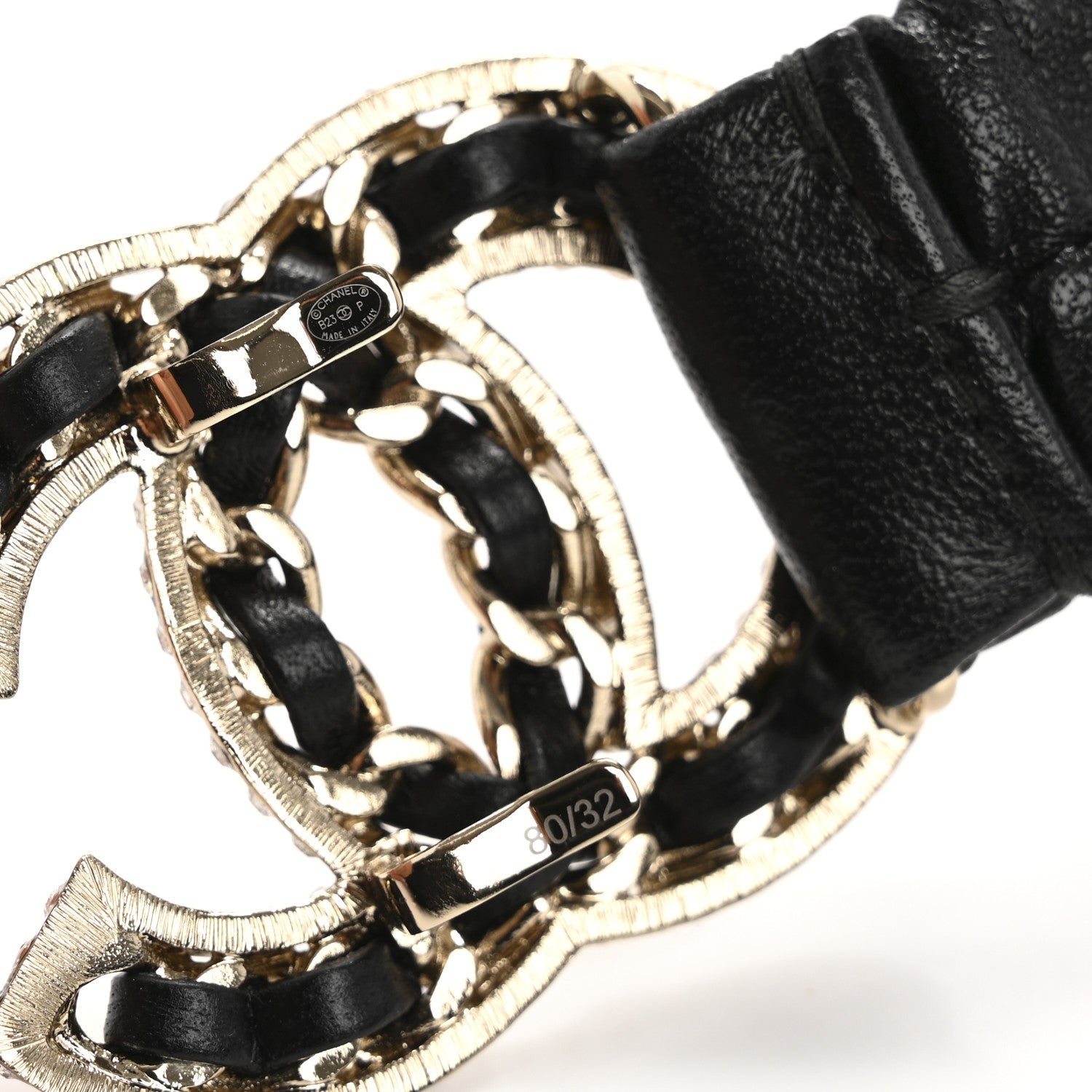 Lambskin Metal Strass Ruched Chain CC Belt 80 32 Black