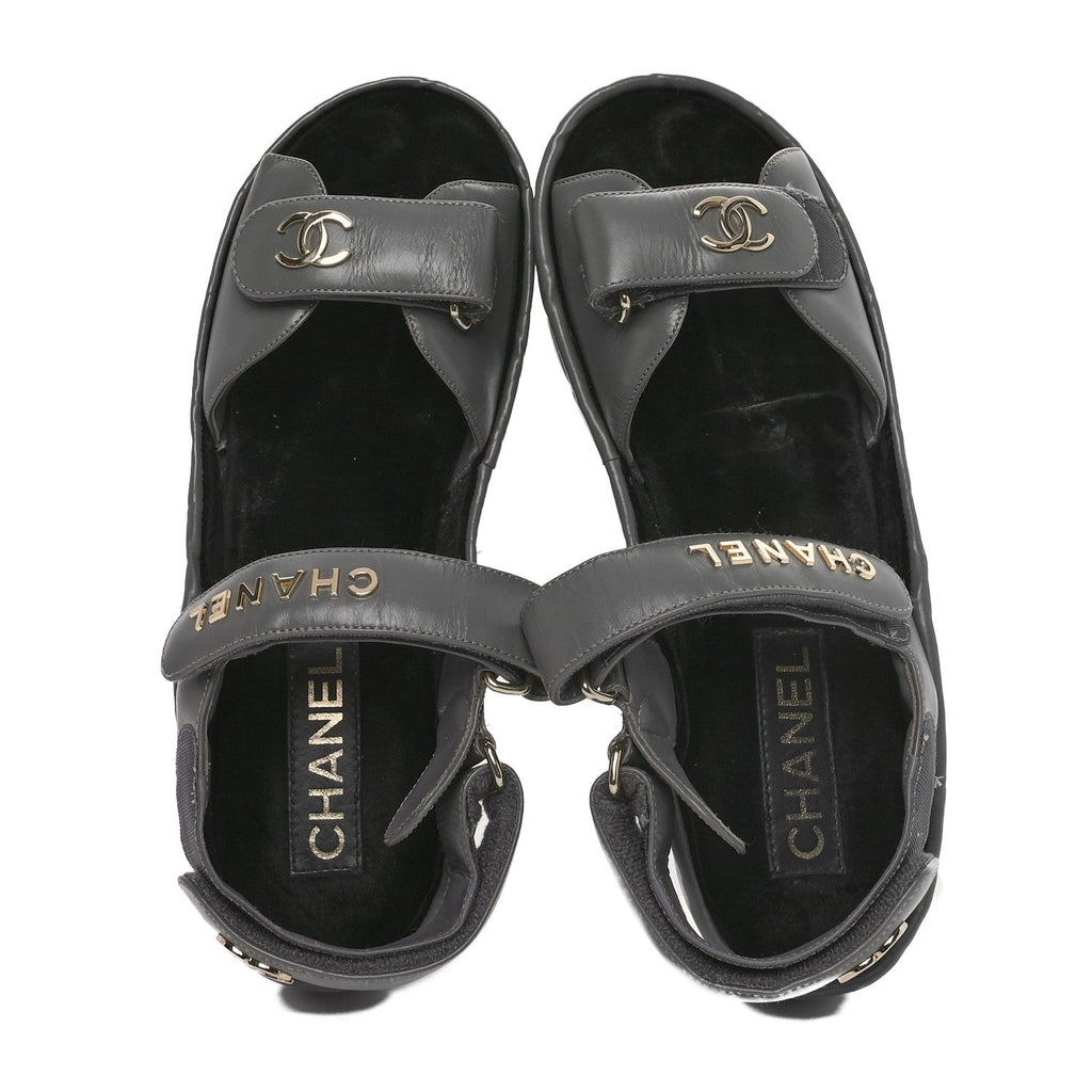 Shiny Calfskin Logo Platform Sandals 38 Grey