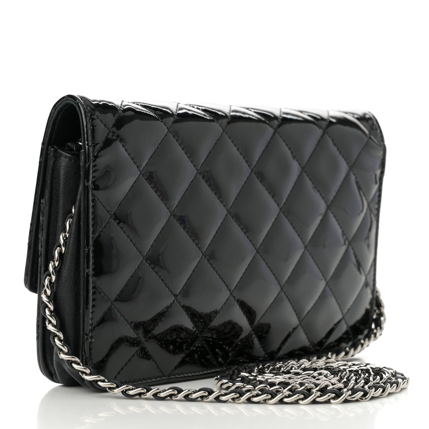 Patent Quilted Brilliant Wallet On Chain WOC Black