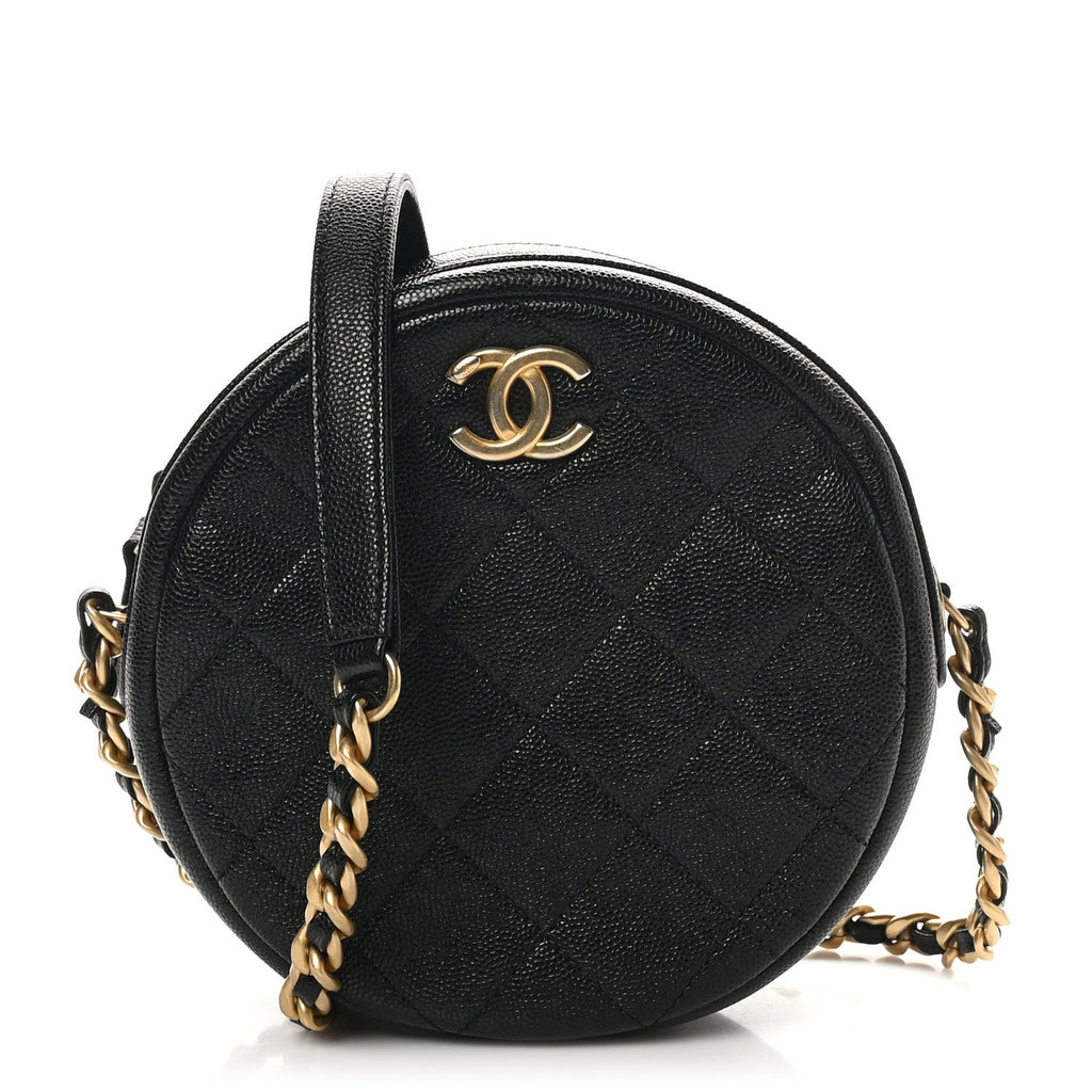Caviar Quilted Small Round Bag With Chain Black