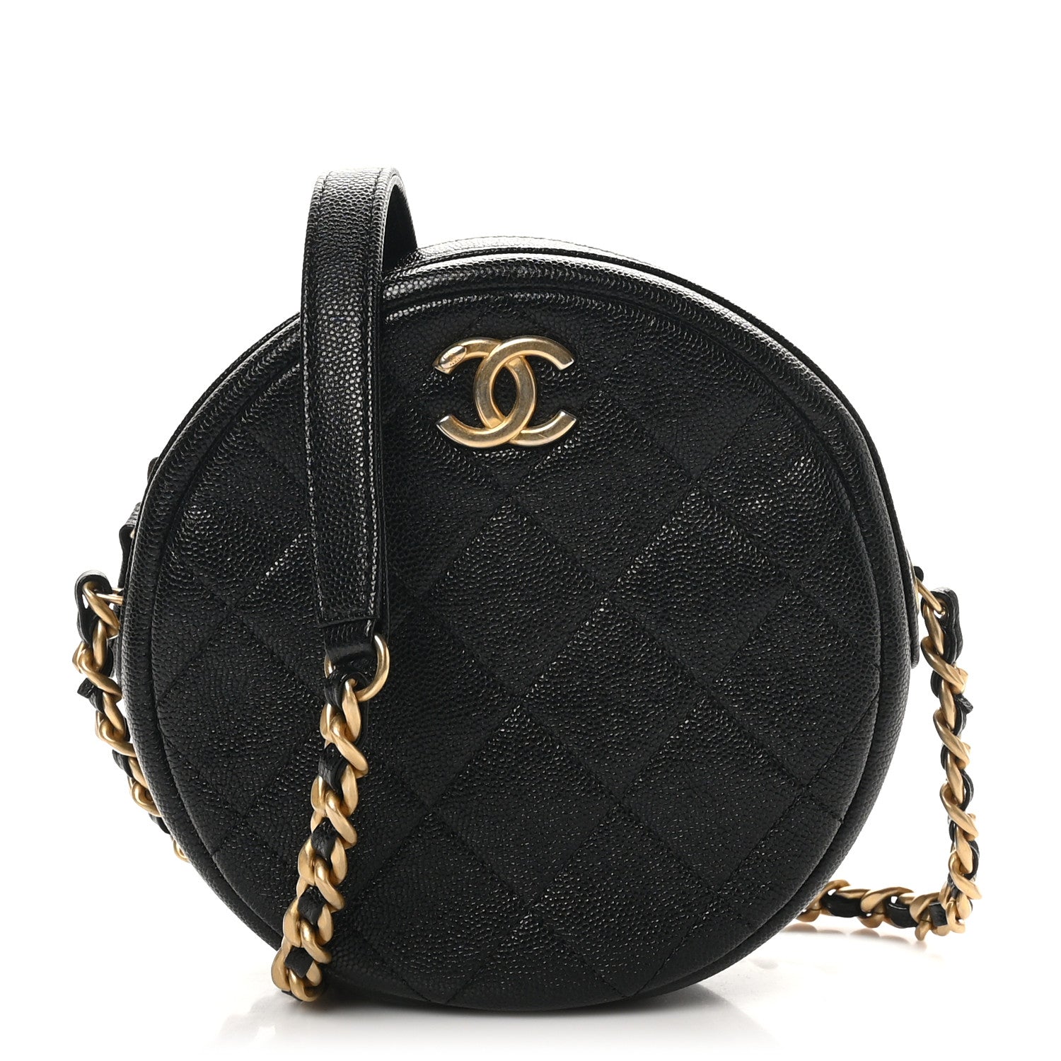 Caviar Quilted Small Round Bag With Chain Black