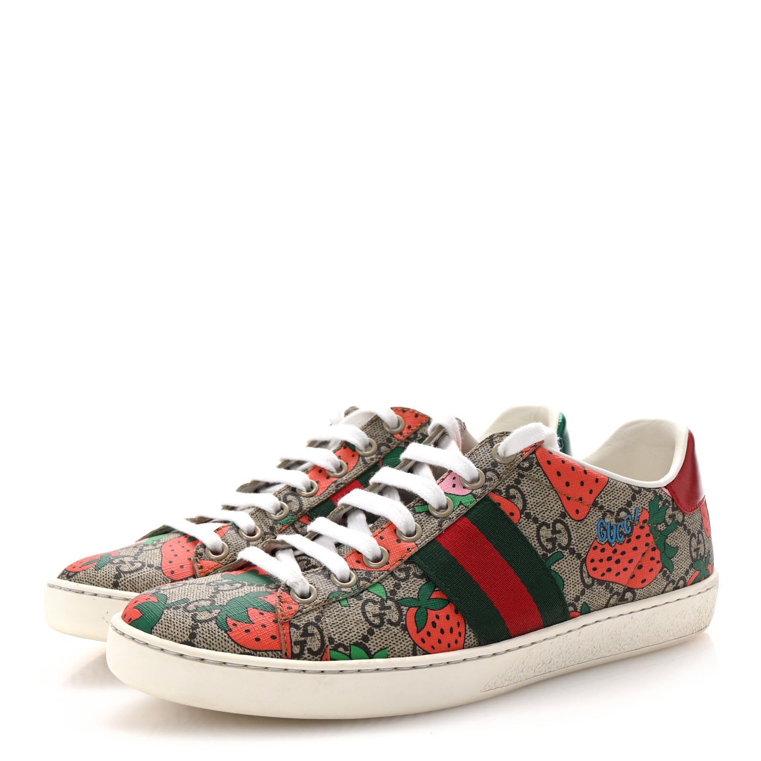 GG Supreme Monogram Strawberry Web Womens Ace Sneakers 37 Beige Multicolor Red Green