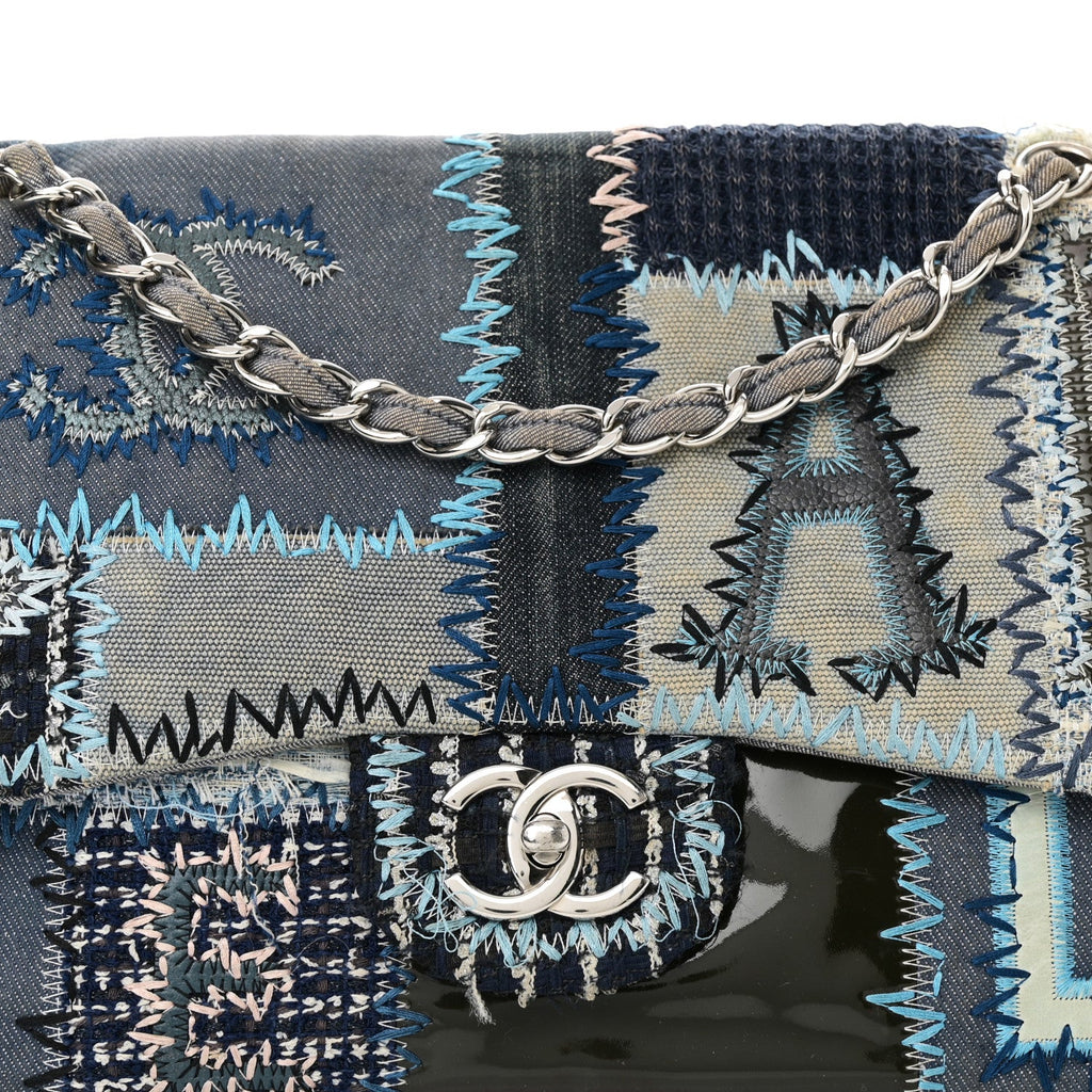 Denim Tweed Patchwork Jumbo Single Flap Blue