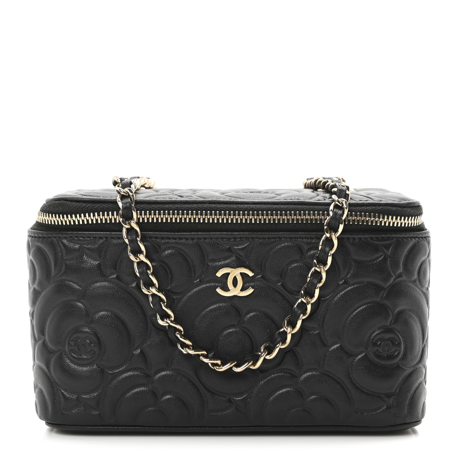 Lambskin Camellia Embossed Small Vanity Case With Chain Black