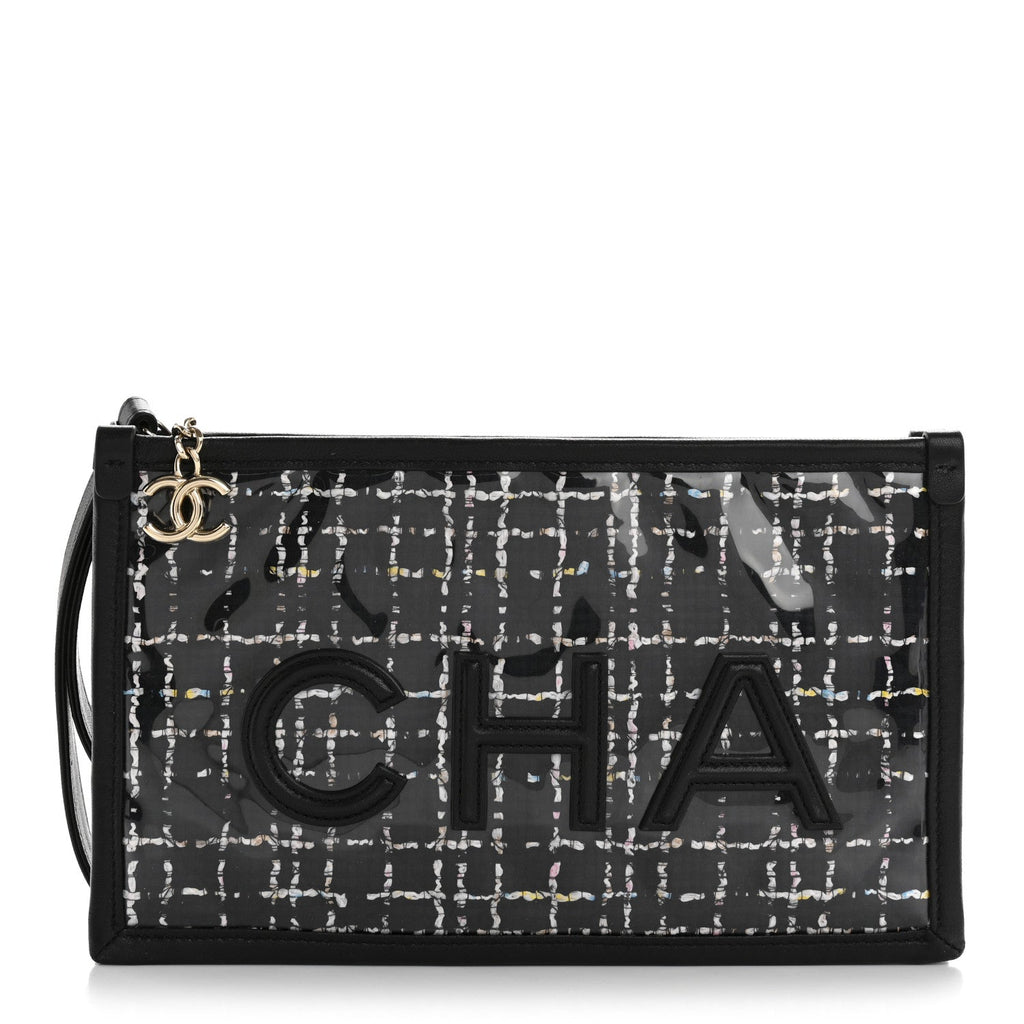 Tweed PVC Lambskin Wristlet Pouch Black