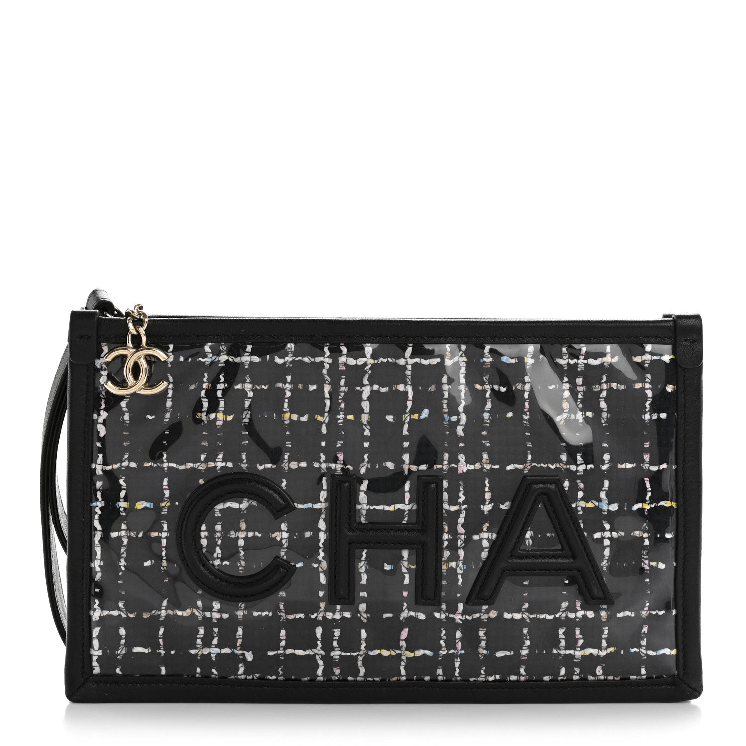 Tweed PVC Lambskin Wristlet Pouch Black