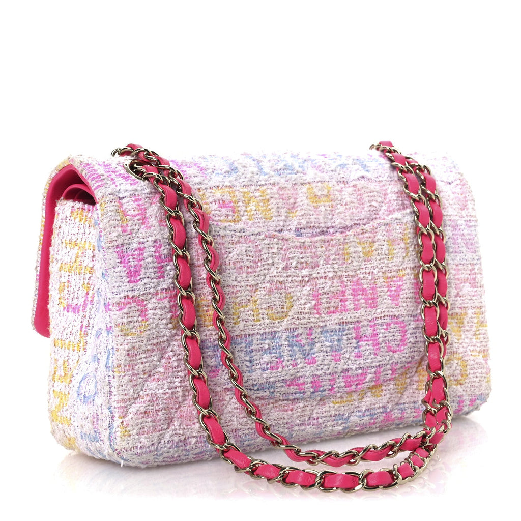 Tweed Quilted Enamel CC Logo Medium Double Flap Pink Multicolor