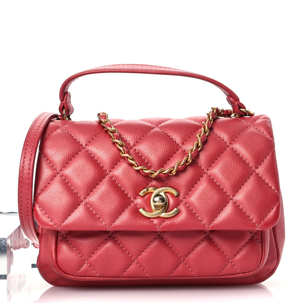 Metallic Calfskin Quilted Top Handle Flap Dark Pink