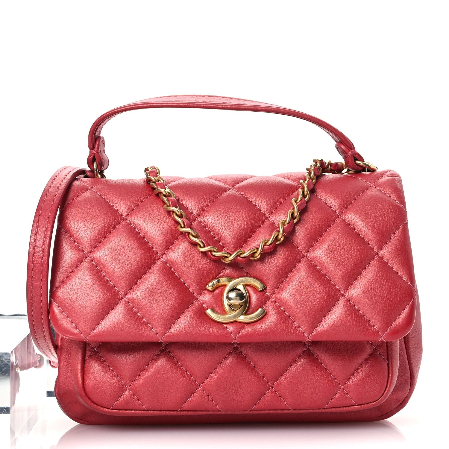 Metallic Calfskin Quilted Top Handle Flap Dark Pink