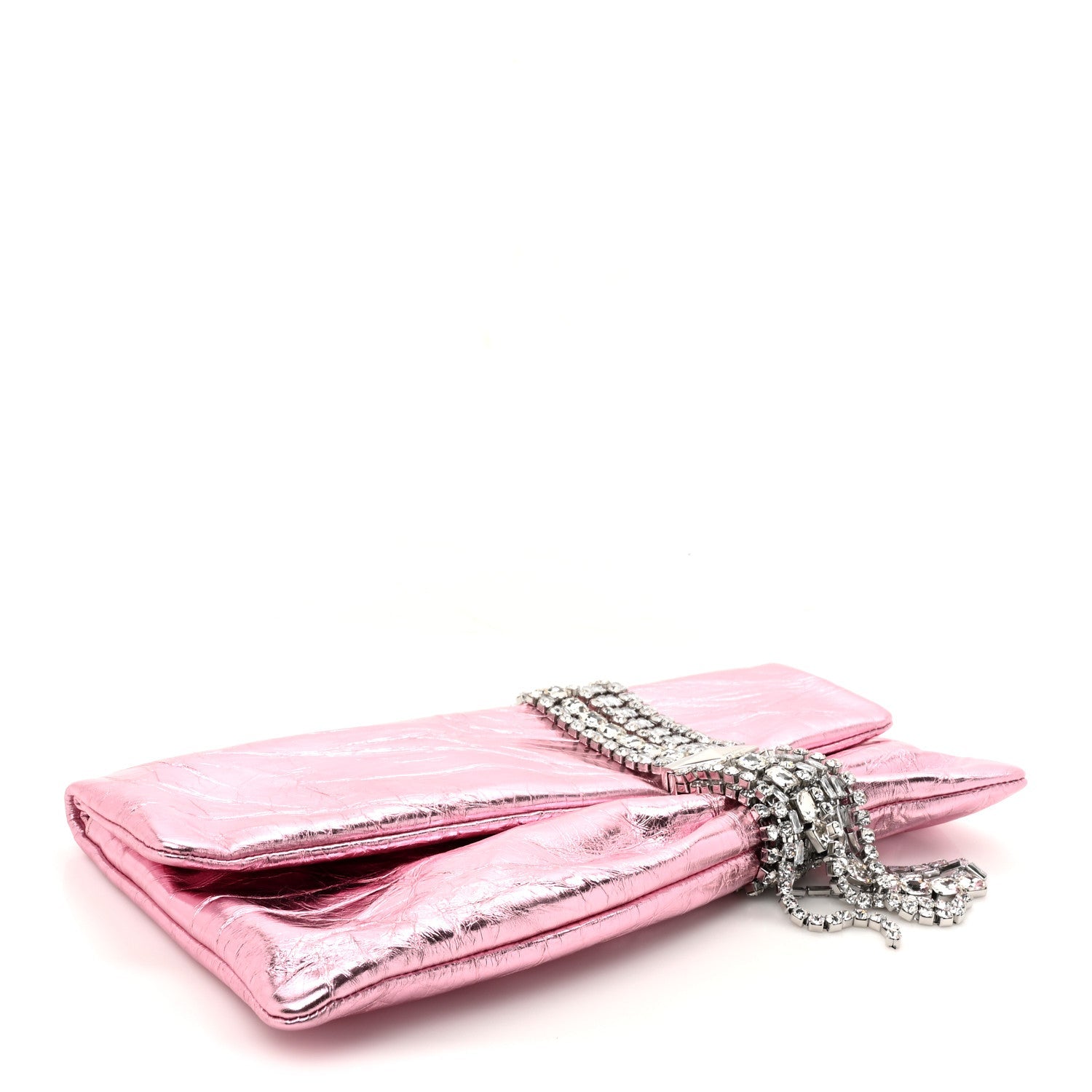 Vintage Metallic Calfskin Crystal Zandra Clutch Bag Rose Silver