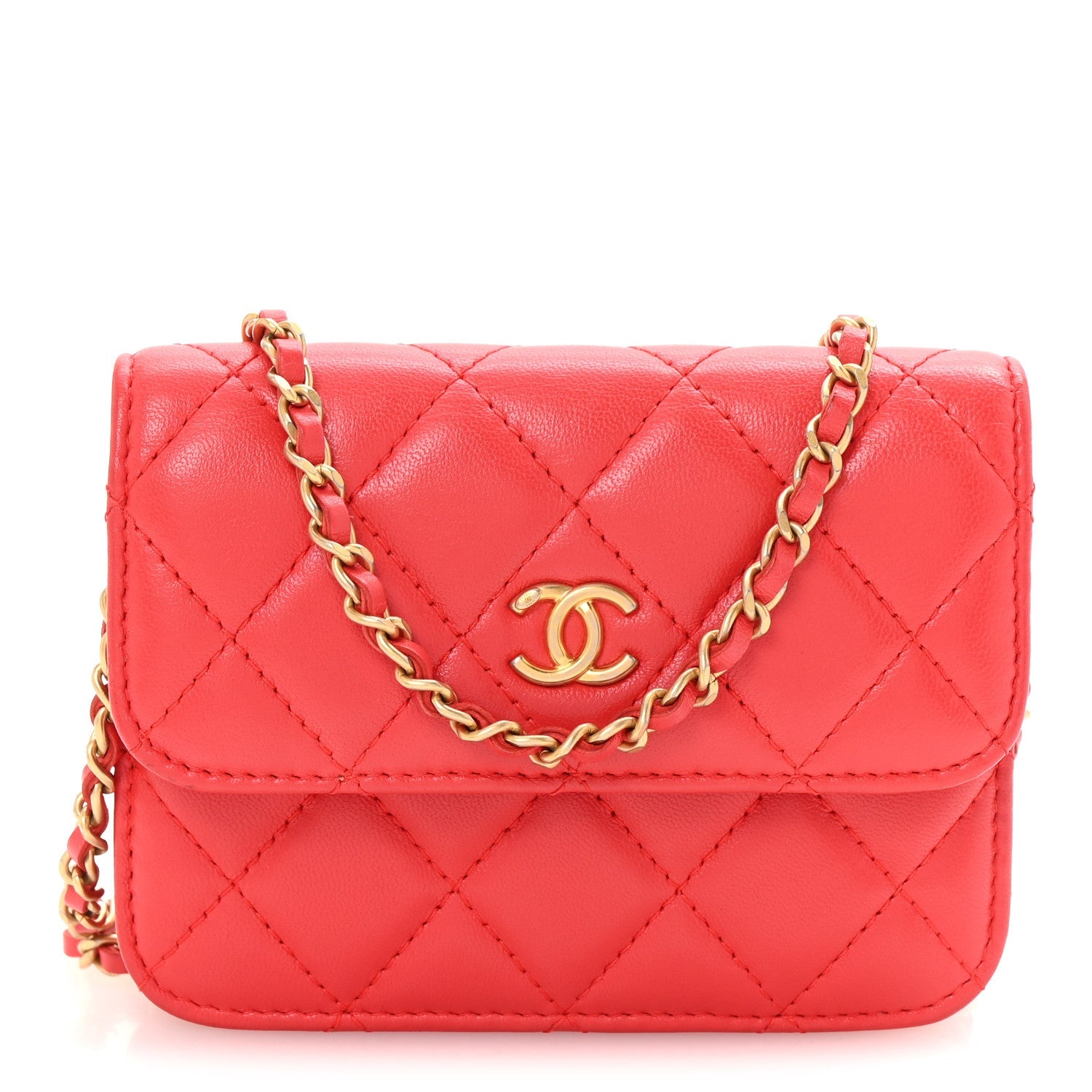 Lambskin Quilted Pearl Crush Clutch With Chain Red