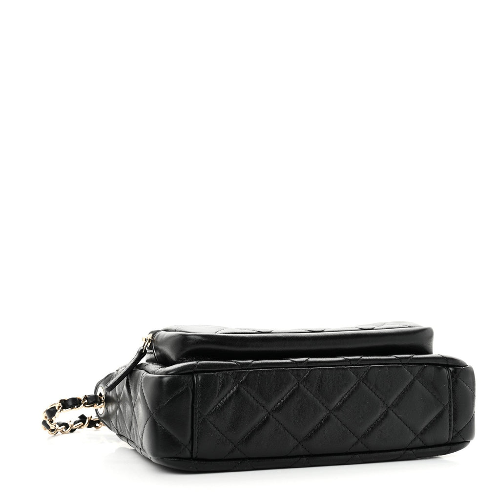 Shiny Crumpled Lambskin Quilted Mini Preppy Pocket Clutch With Chain Black