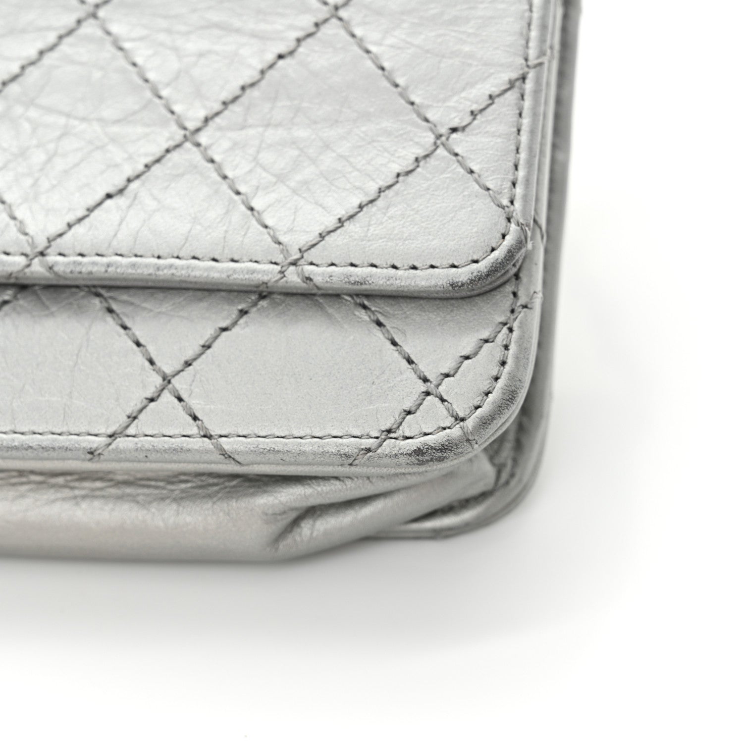 Metallic Aged Calfskin Quilted Reissue Wallet On Chain WOC Silver