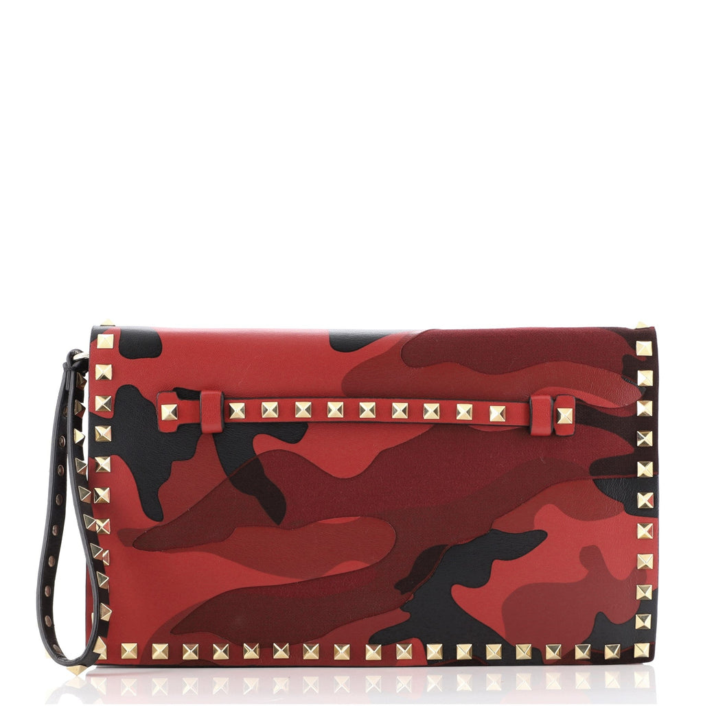 Rockstud Flap Clutch Camo Leather and Canvas
