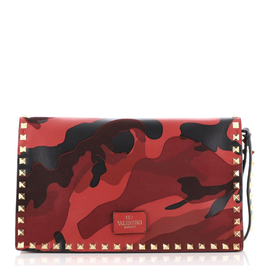Rockstud Flap Clutch Camo Leather and Canvas