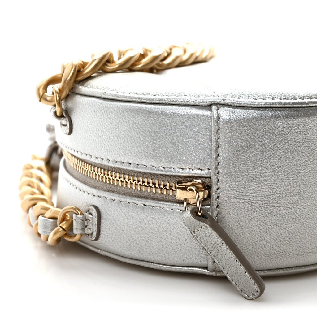 Metallic Lambskin Quilted Chanel 19 Round Clutch With Chain Silver