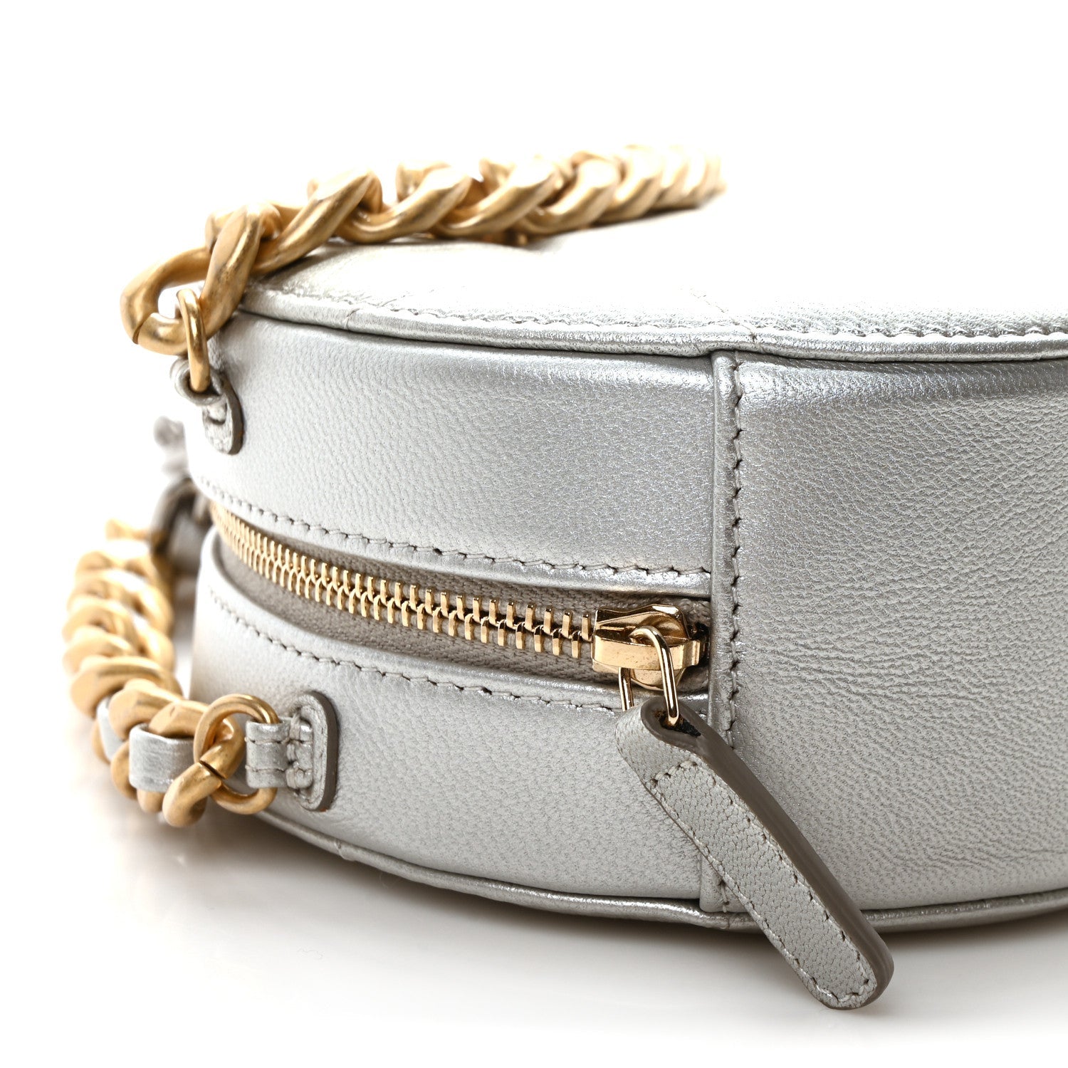 Metallic Lambskin Quilted Chanel 19 Round Clutch With Chain Silver