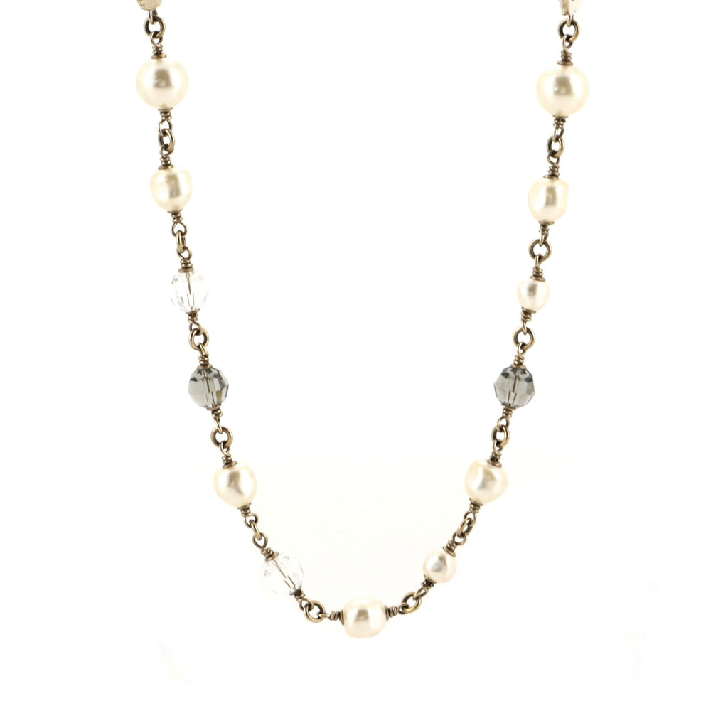 CC Long Necklace Metal and Enamel with Faux Pearls and Beads
