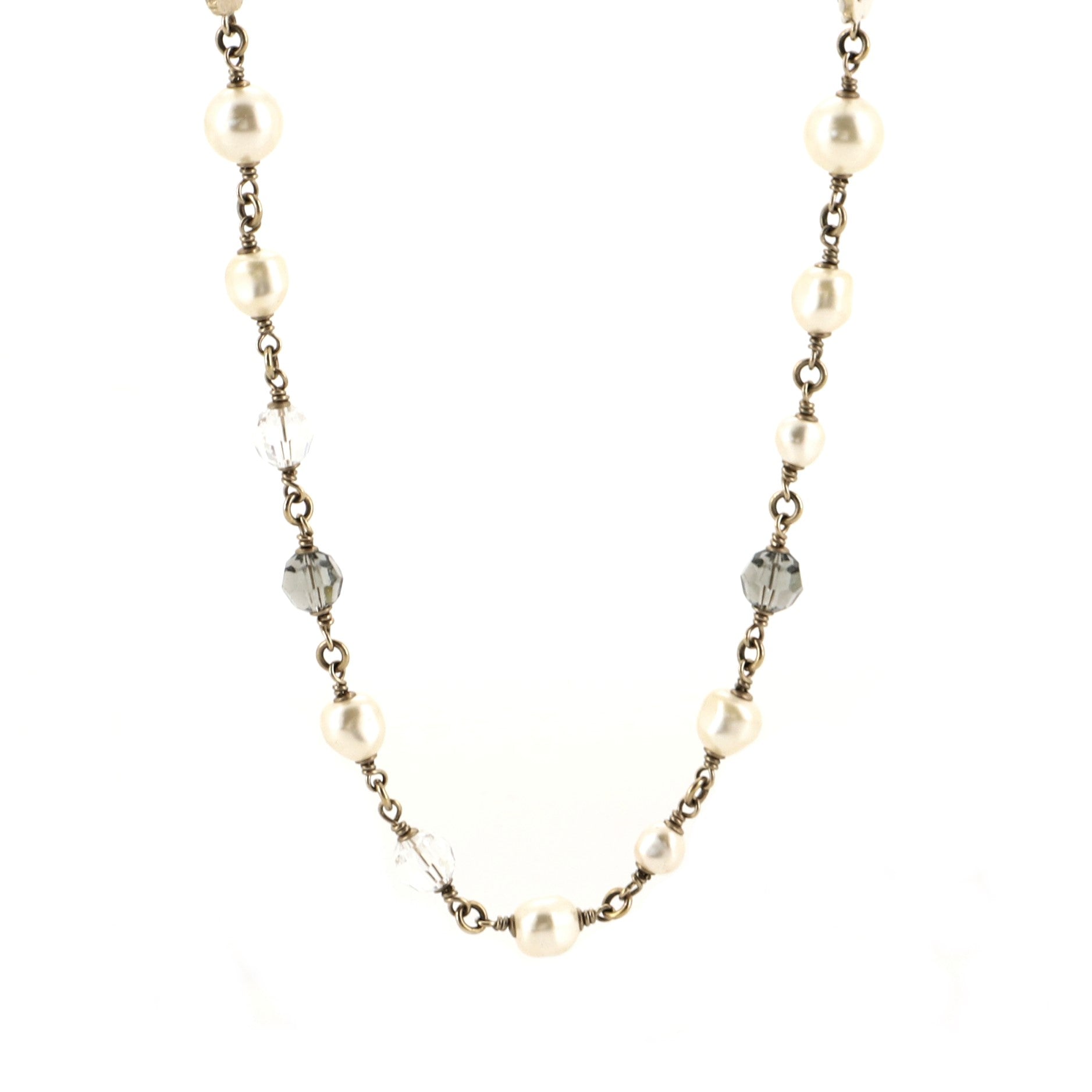 CC Long Necklace Metal and Enamel with Faux Pearls and Beads