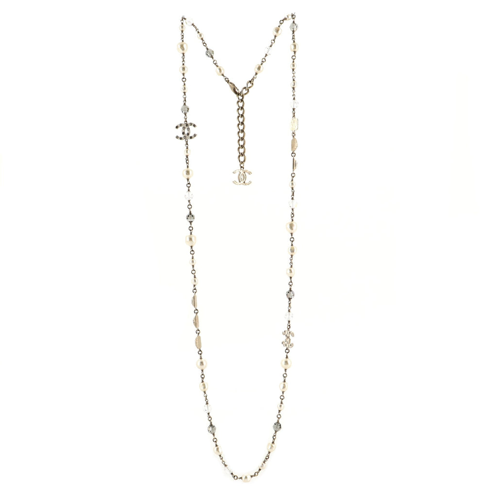 CC Long Necklace Metal and Enamel with Faux Pearls and Beads