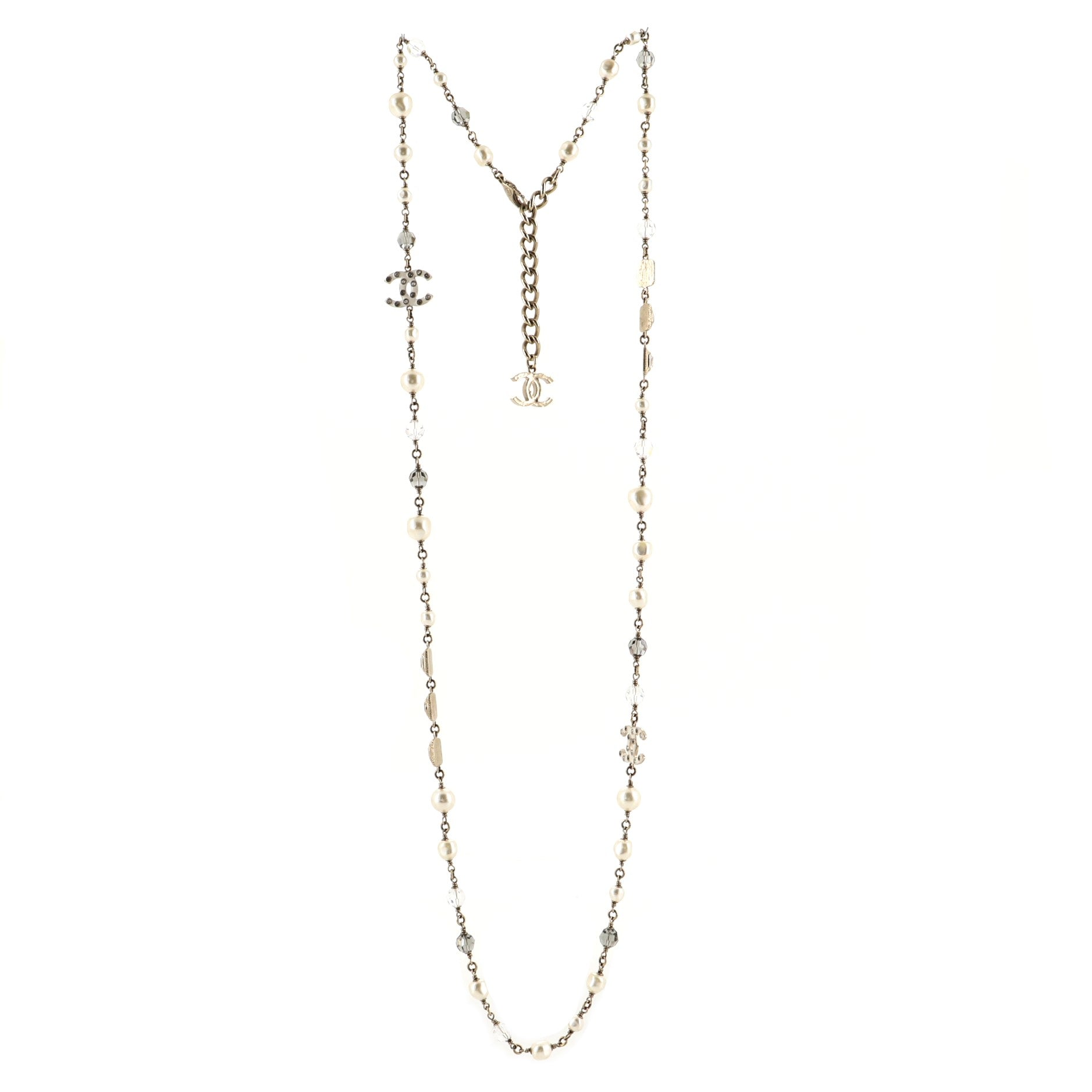 CC Long Necklace Metal and Enamel with Faux Pearls and Beads