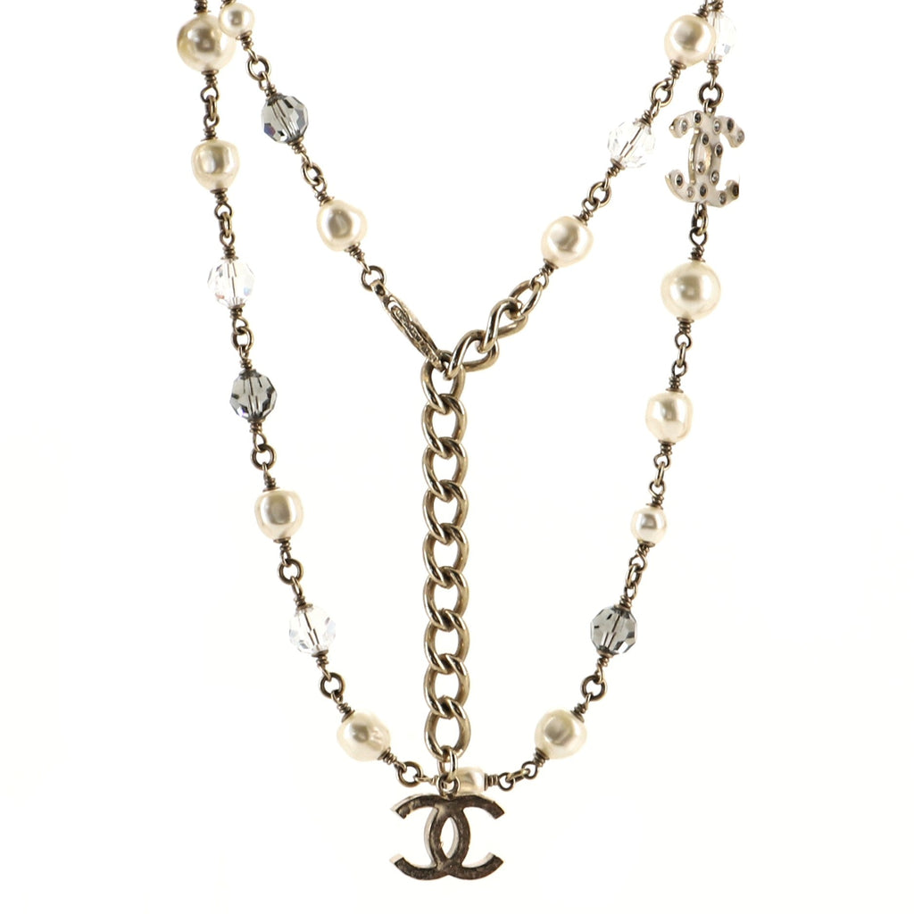 CC Long Necklace Metal and Enamel with Faux Pearls and Beads