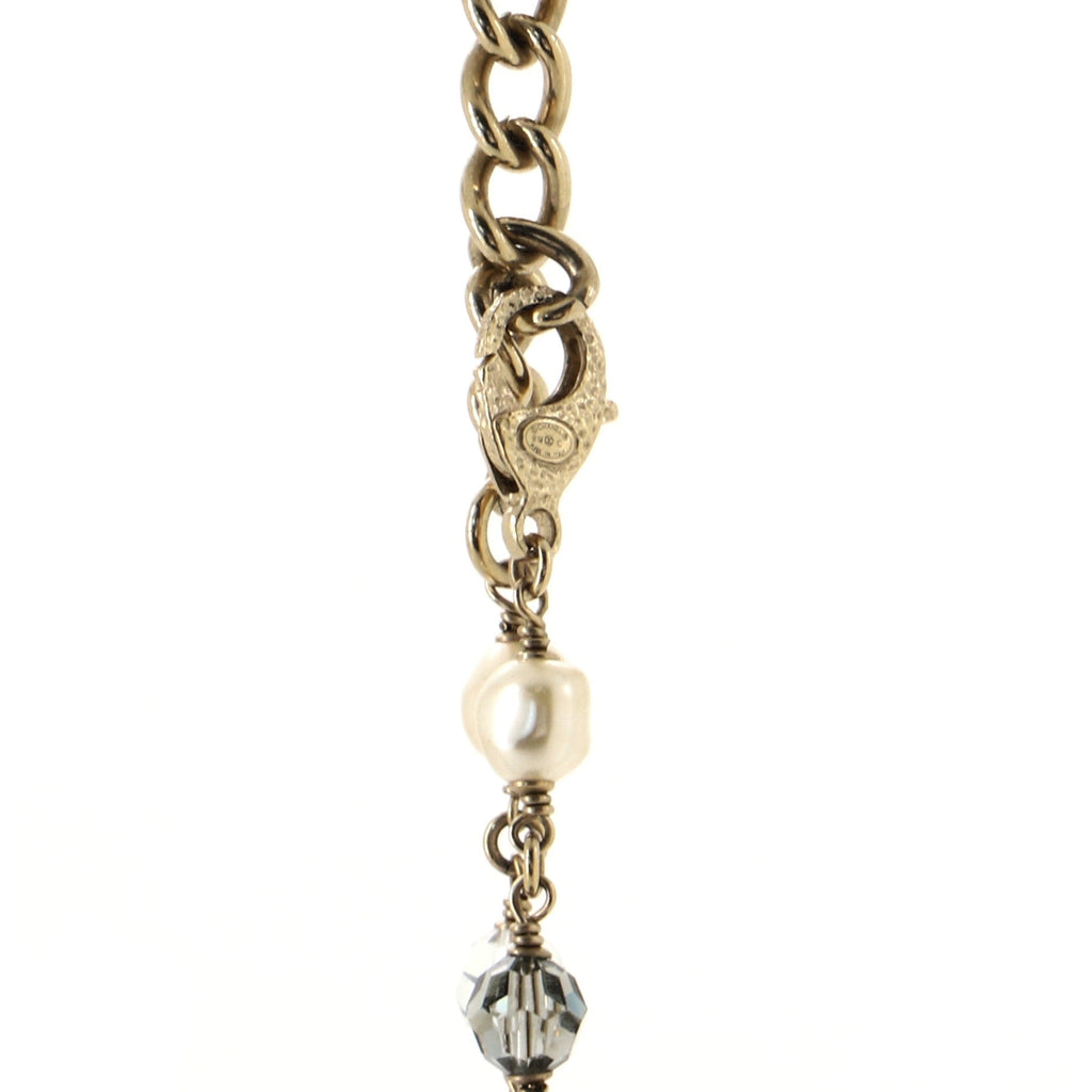 CC Long Necklace Metal and Enamel with Faux Pearls and Beads