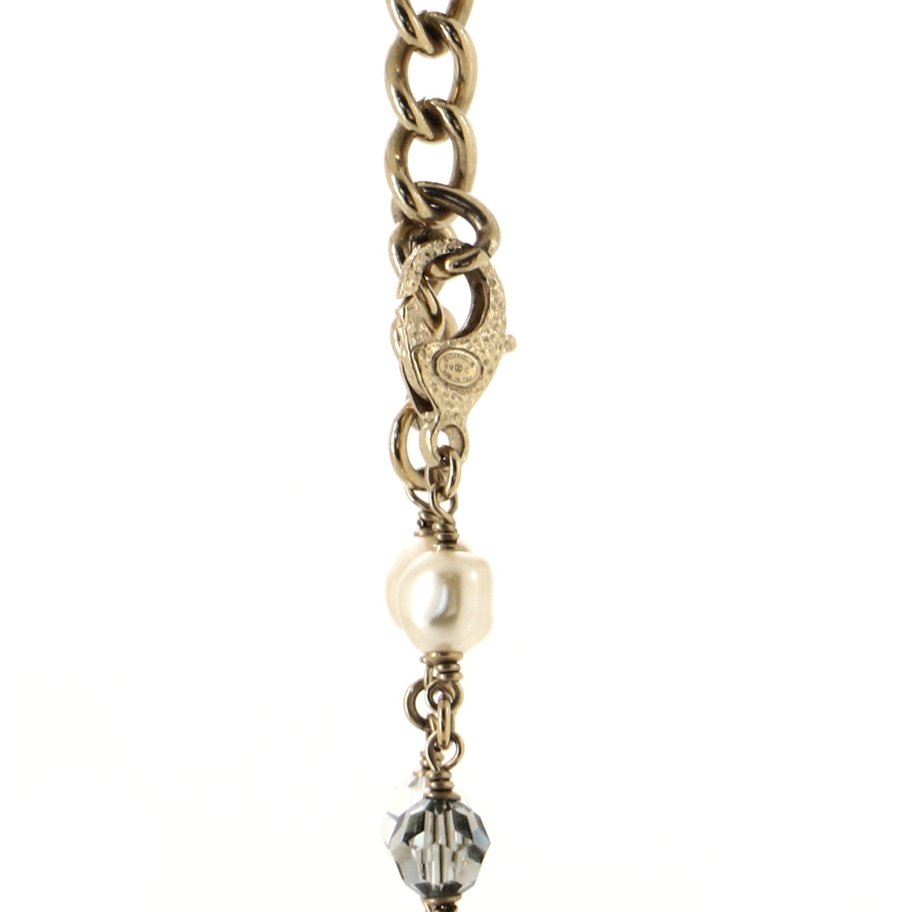 CC Long Necklace Metal and Enamel with Faux Pearls and Beads