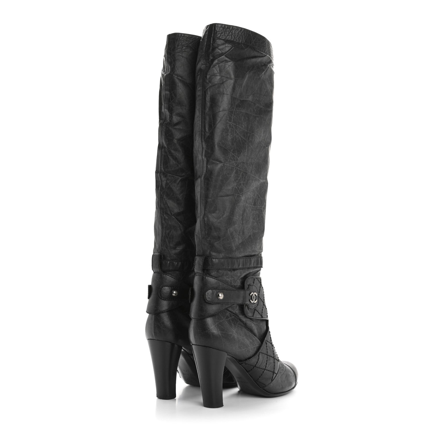 Aged Calfskin Quilted Knee High CC Boots 38.5 Black