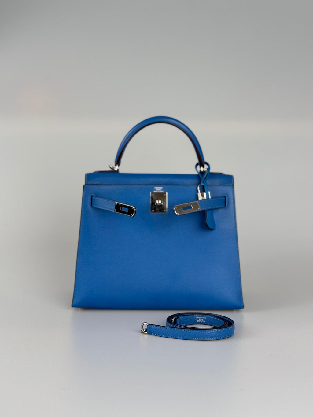 Hermes Kelly 28cm Sellier Bag In Blue Epsom Leather With Silver Hardware