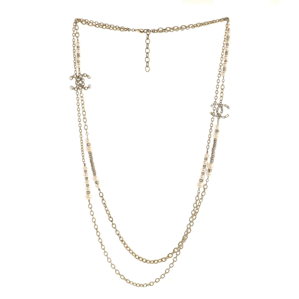 CC Long Necklace Faux Pearls and Crystal Embellished Metal