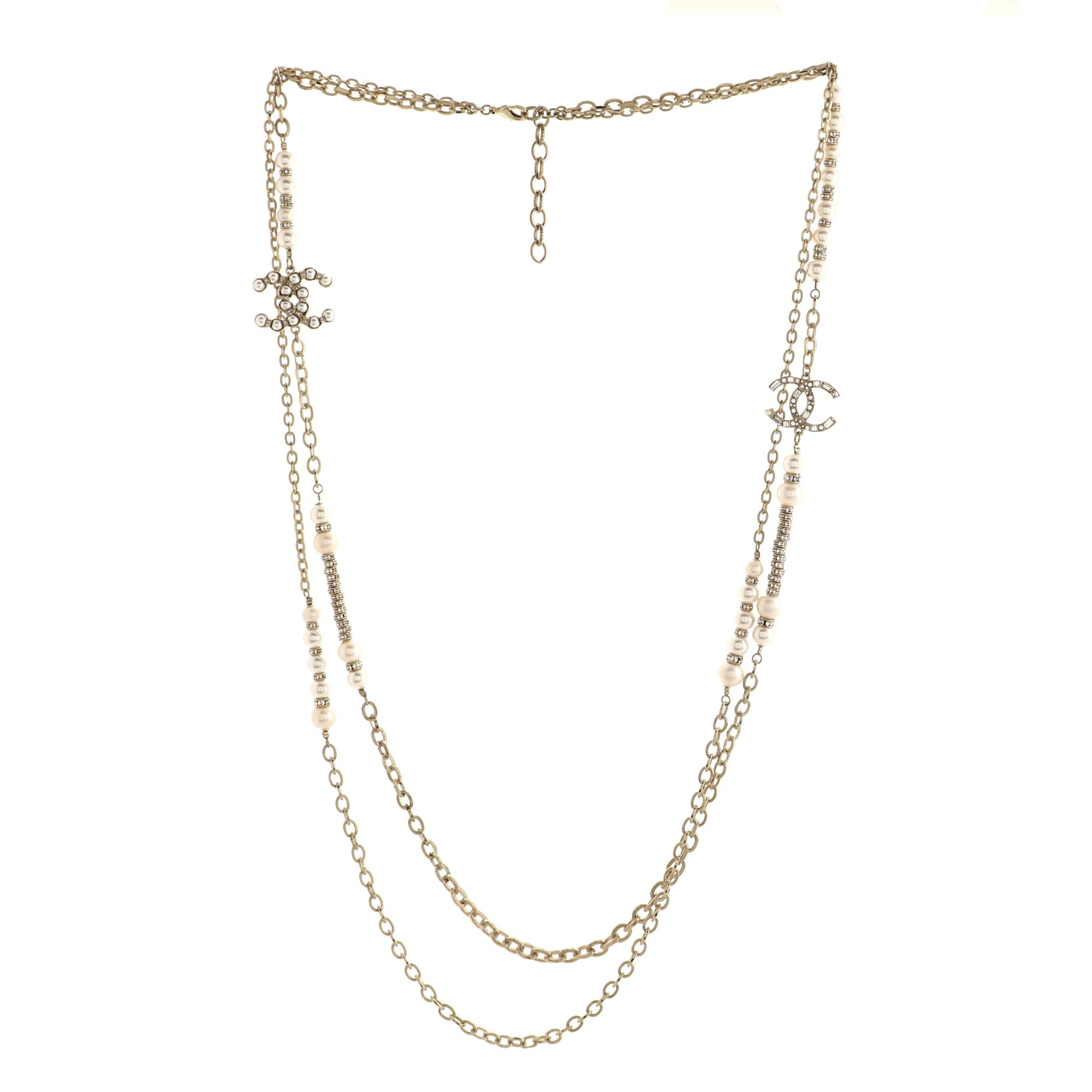 CC Long Necklace Faux Pearls and Crystal Embellished Metal