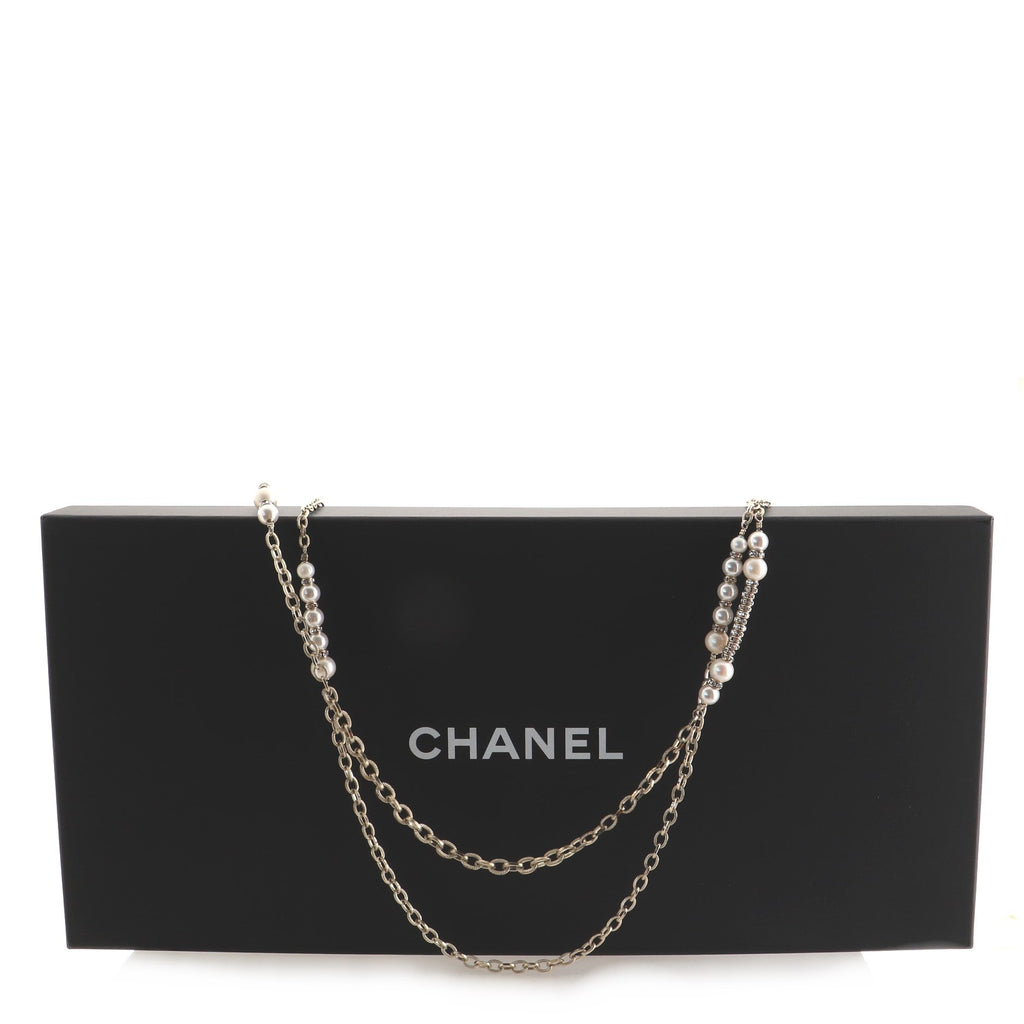 CC Long Necklace Faux Pearls and Crystal Embellished Metal