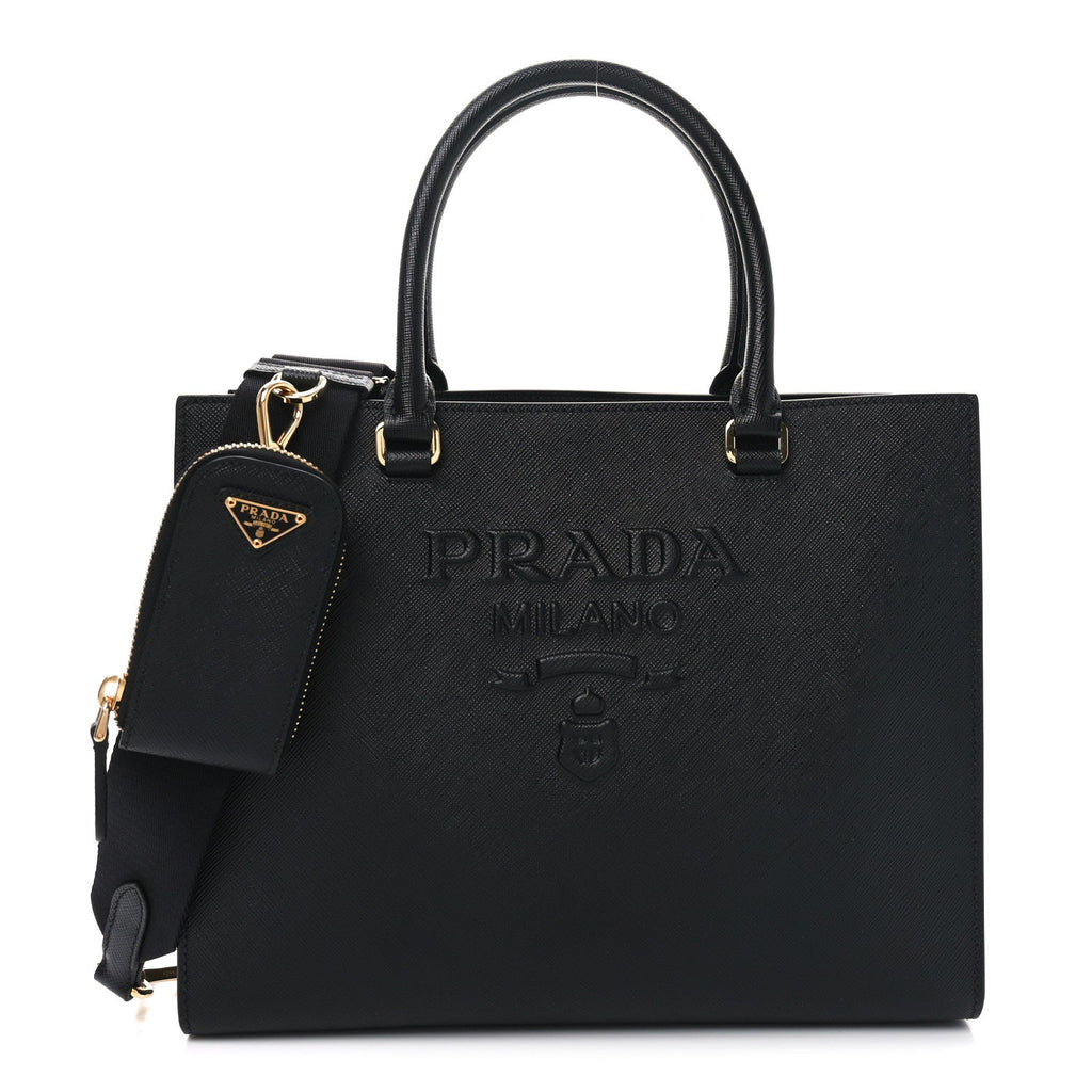 Saffiano Lux Logo Embossed Medium Shoulder Tote Handbag Black