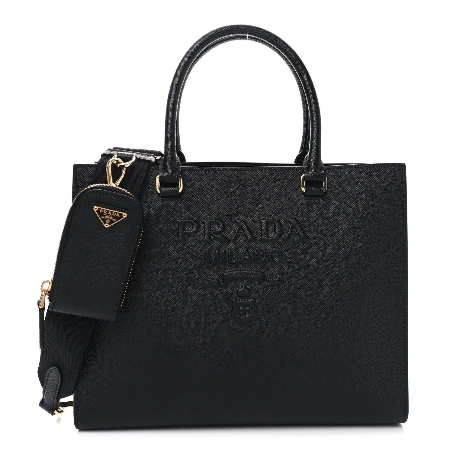 Saffiano Lux Logo Embossed Medium Shoulder Tote Handbag Black