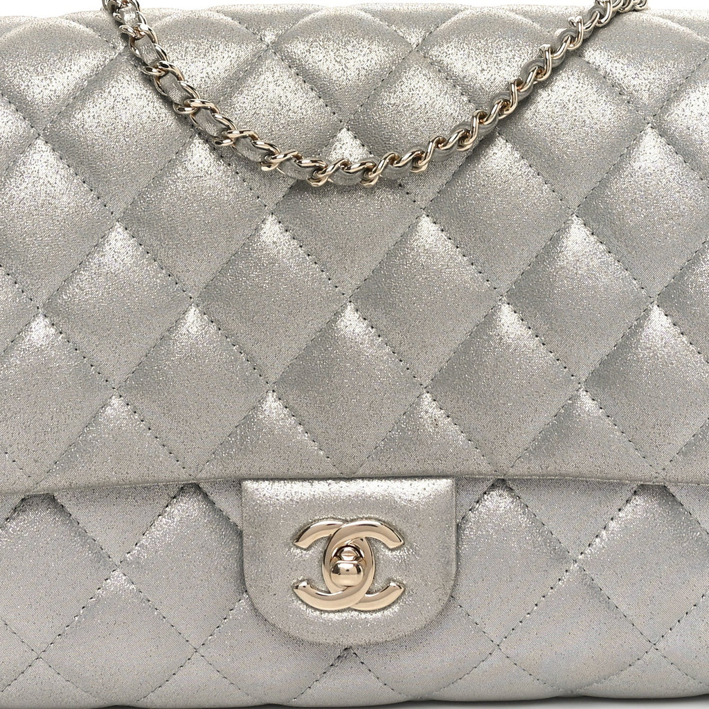 Iridescent Calfskin Quilted Clutch With Chain Flap Silver