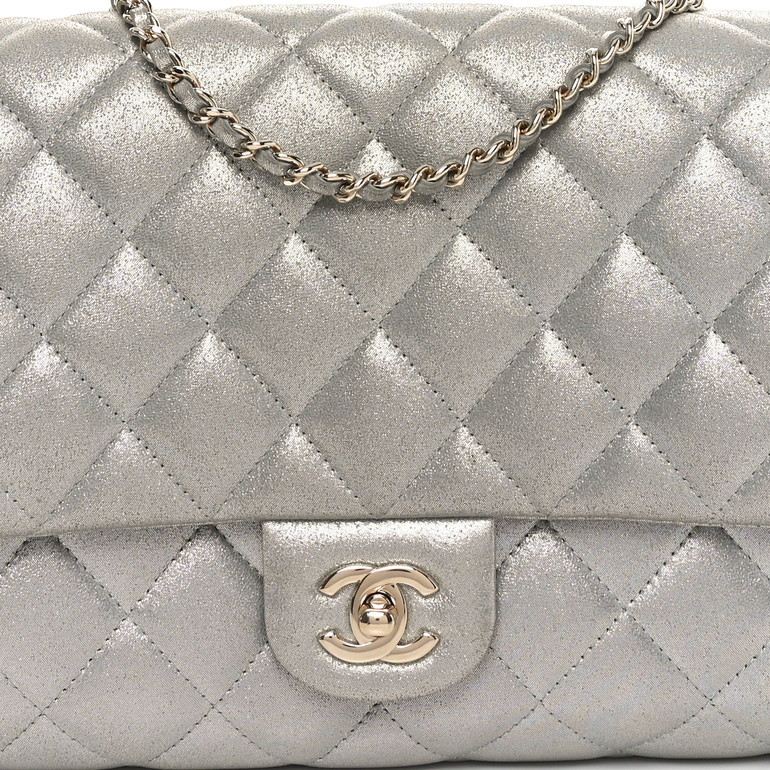 Iridescent Calfskin Quilted Clutch With Chain Flap Silver