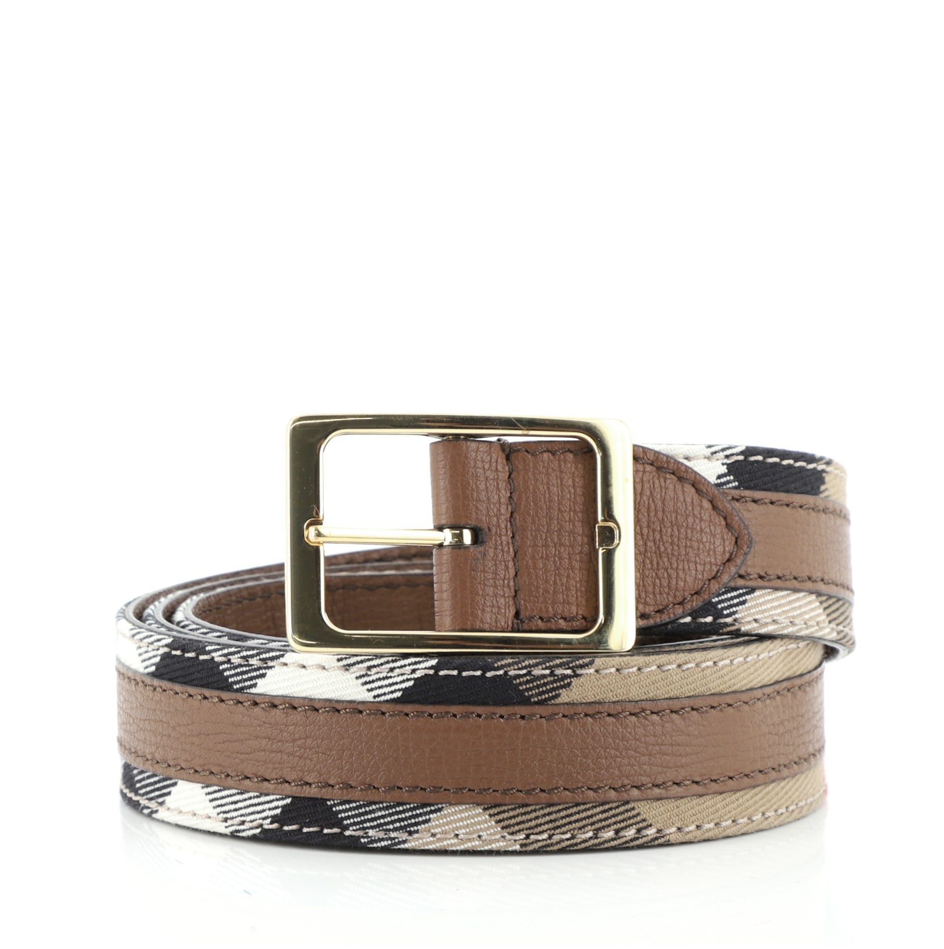 Square Buckle Belt Nova Check Canvas and Leather Medium 90