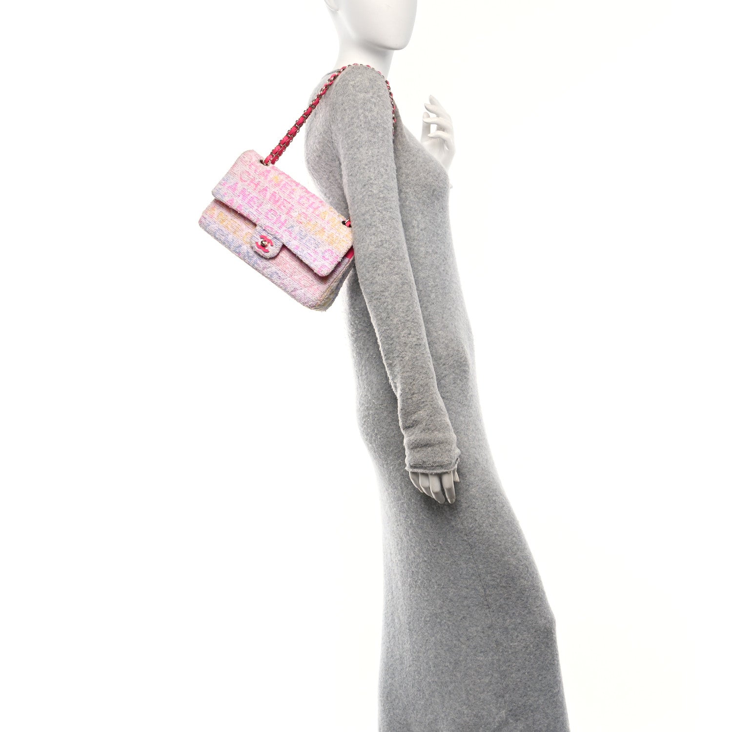 Tweed Quilted Enamel CC Logo Medium Double Flap Pink Multicolor