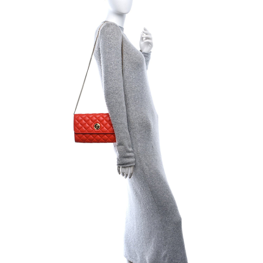 Lambskin Quilted Medusa Wallet on Chain Crossbody Coral