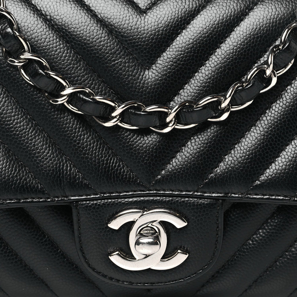 Caviar Chevron Quilted Mini Square Flap Black
