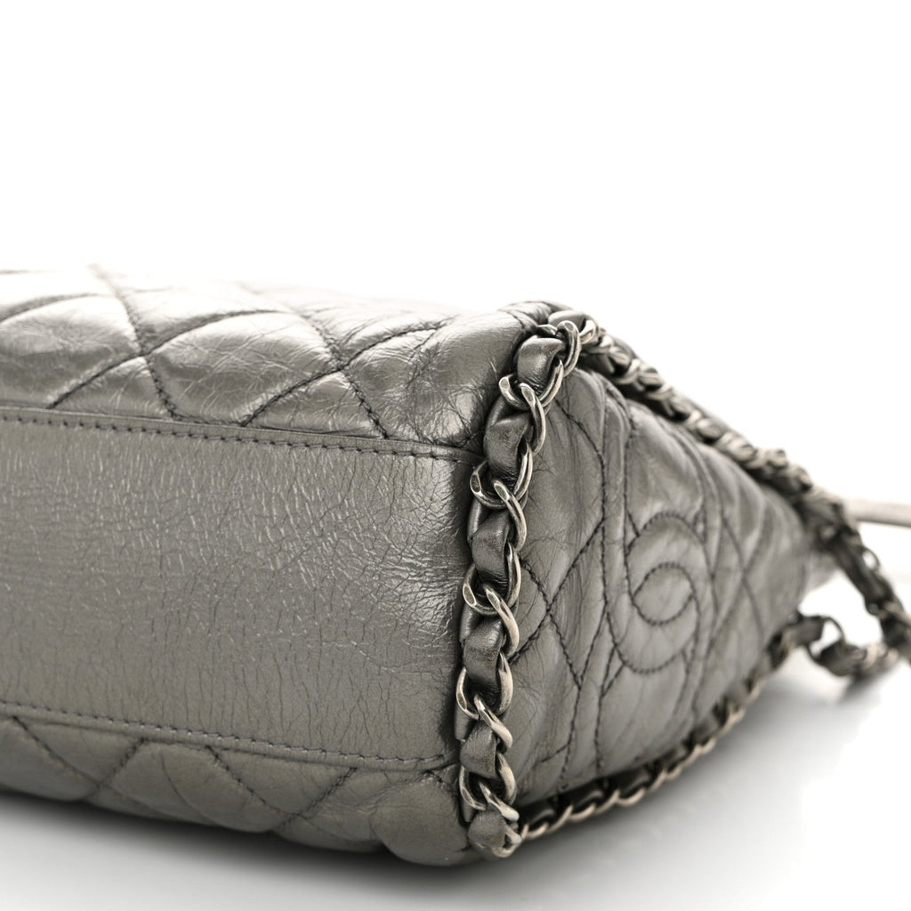 Metallic Calfskin Quilted Medium Chain Me Hobo Dark Silver