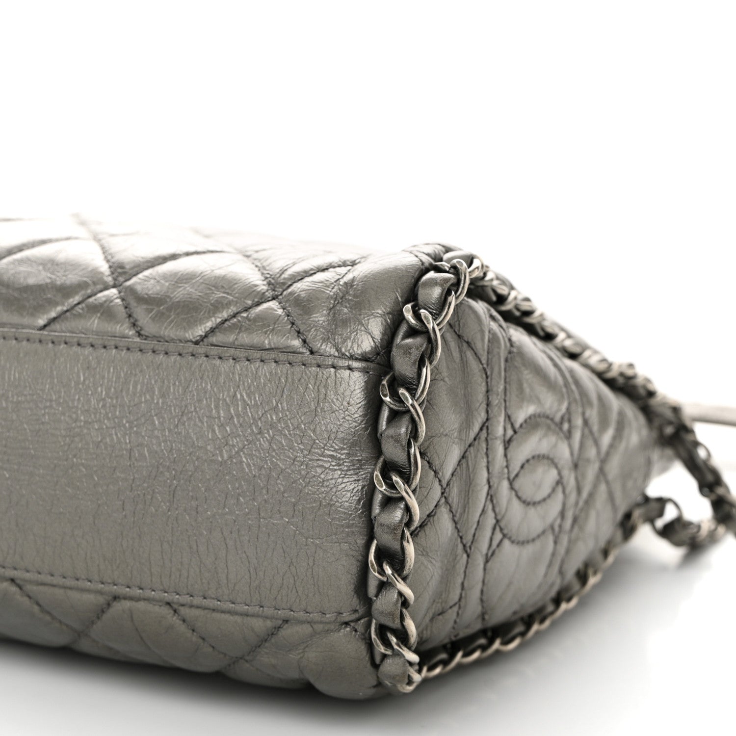 Metallic Calfskin Quilted Medium Chain Me Hobo Dark Silver