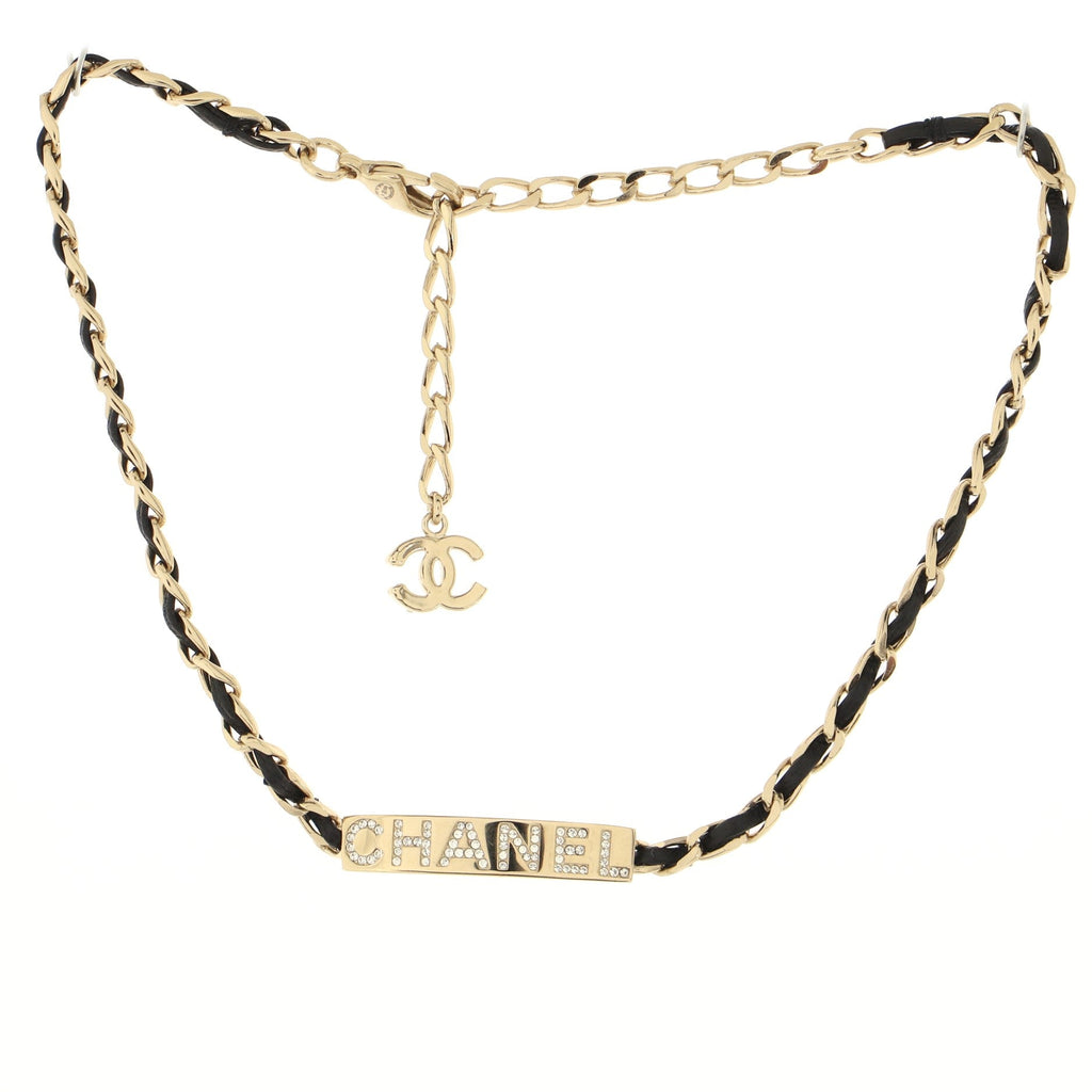 Logo Plate Chain Choker Necklace Metal with Crystals and Leather