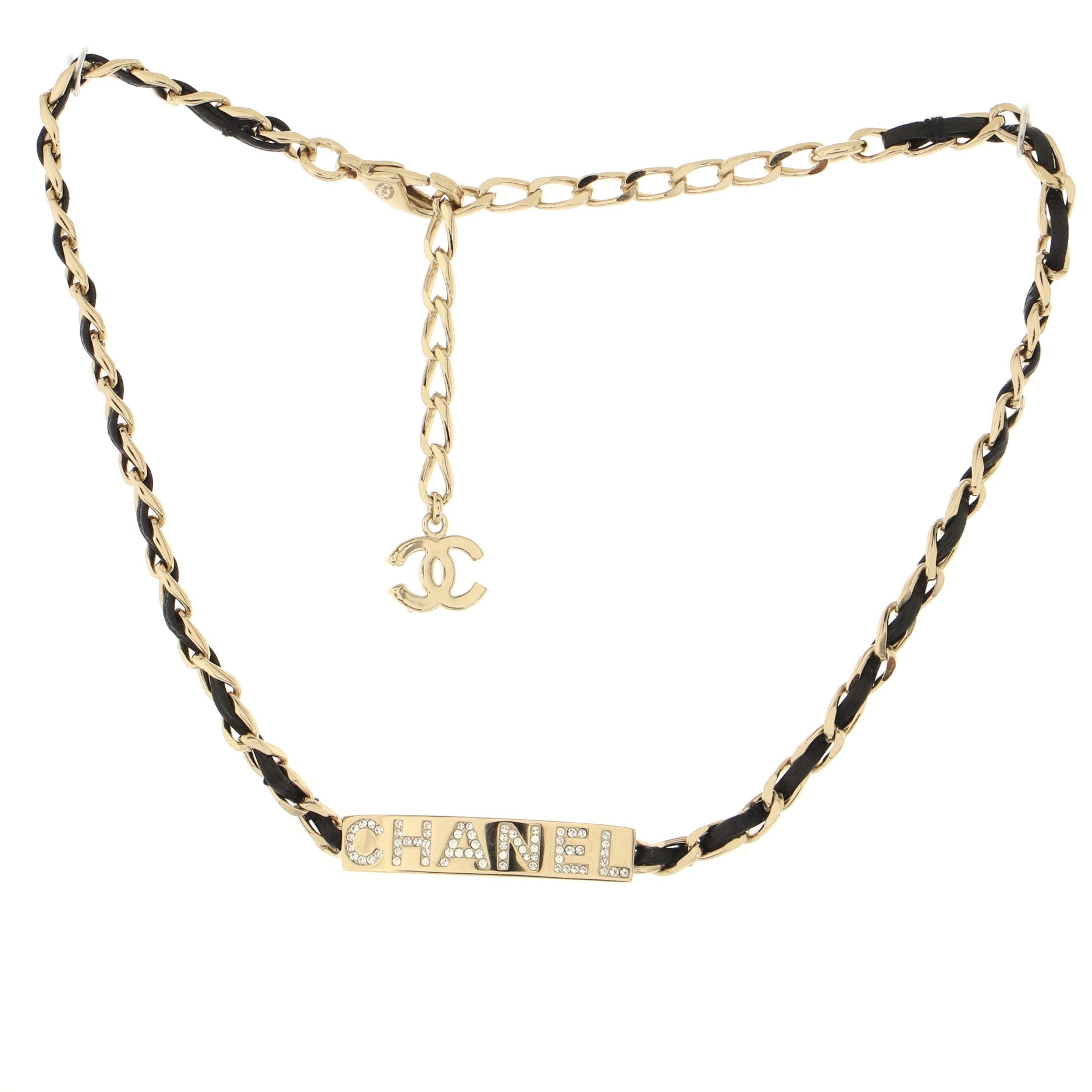 Logo Plate Chain Choker Necklace Metal with Crystals and Leather