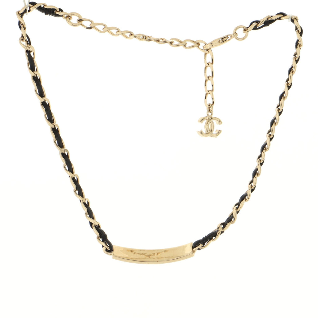 Logo Plate Chain Choker Necklace Metal with Crystals and Leather