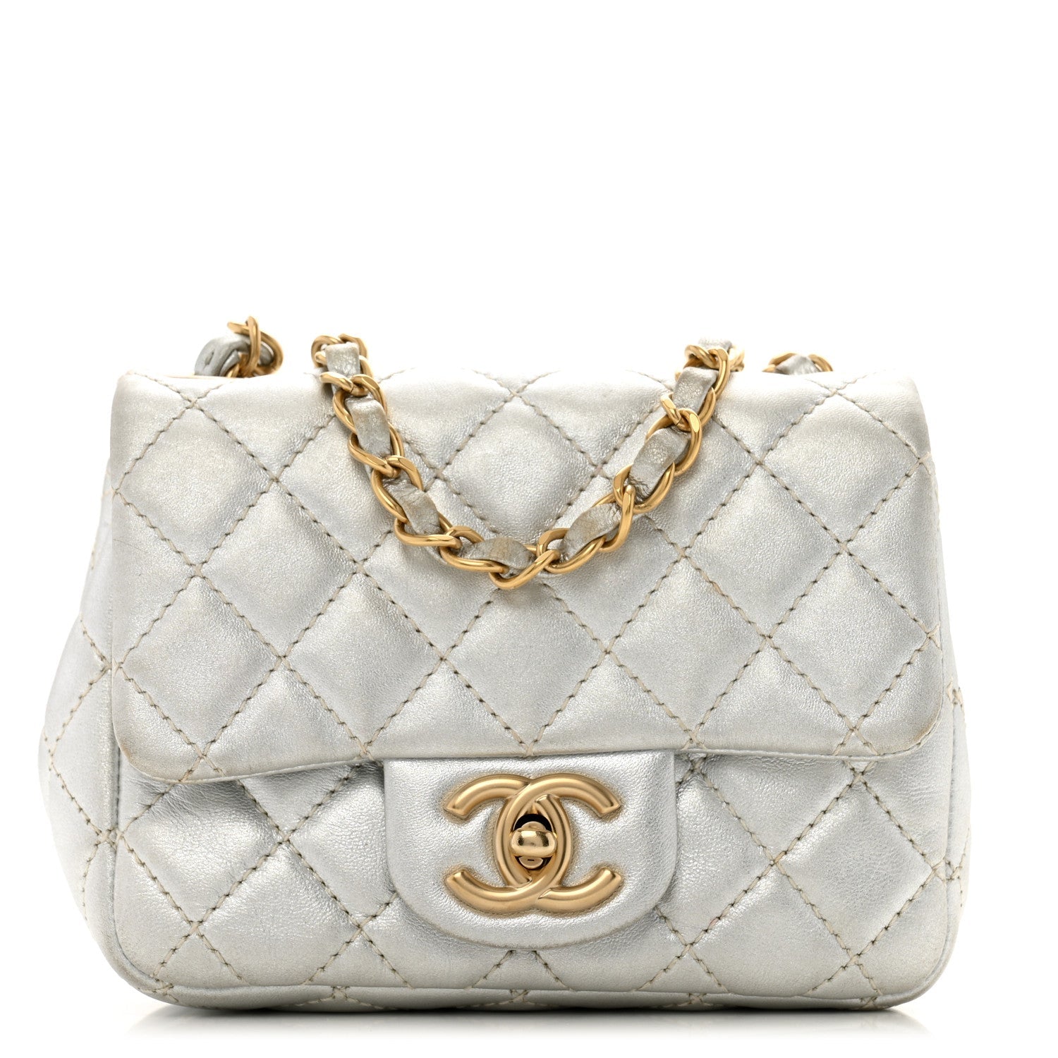 Metallic Lambskin Quilted Mini Square Flap Silver