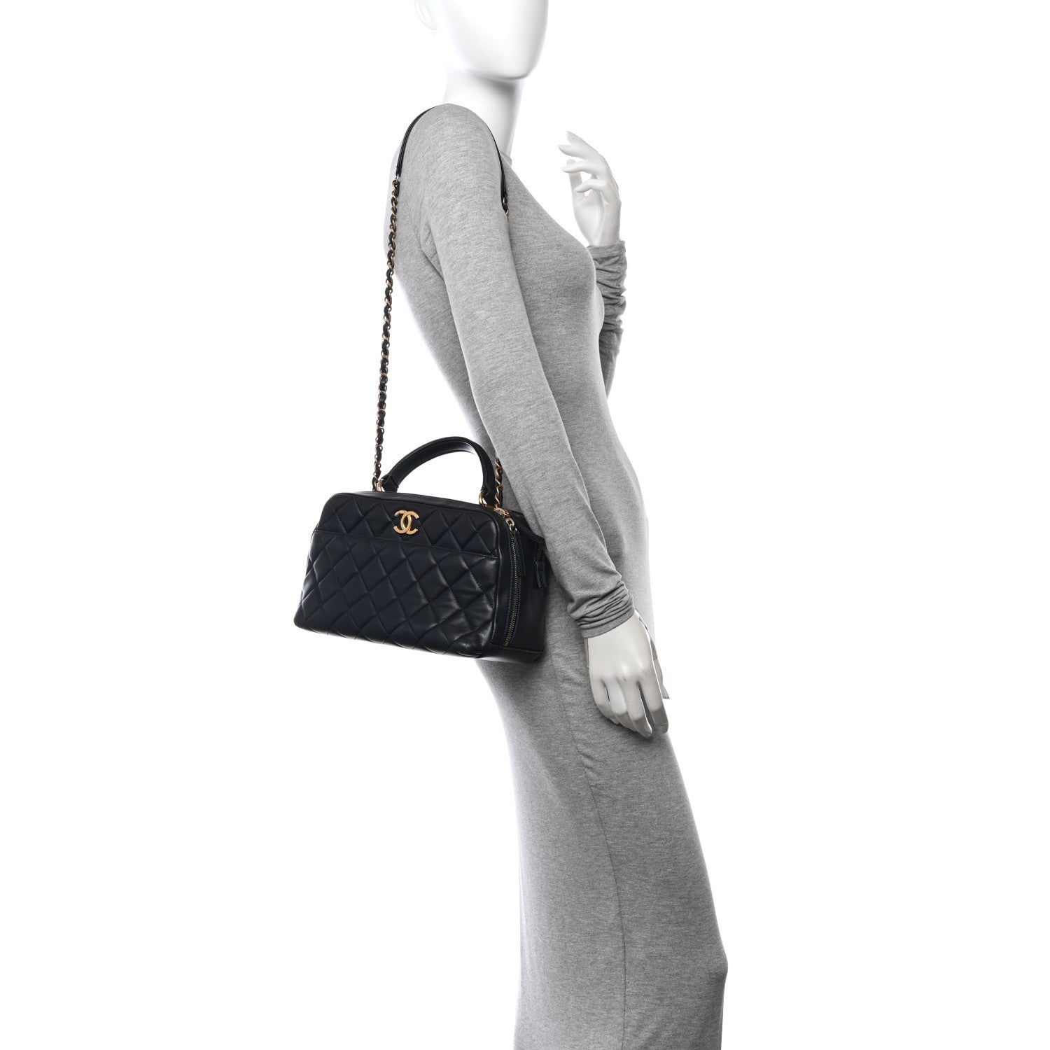 Lambskin Quilted Medium Trendy CC Bowling Bag Navy